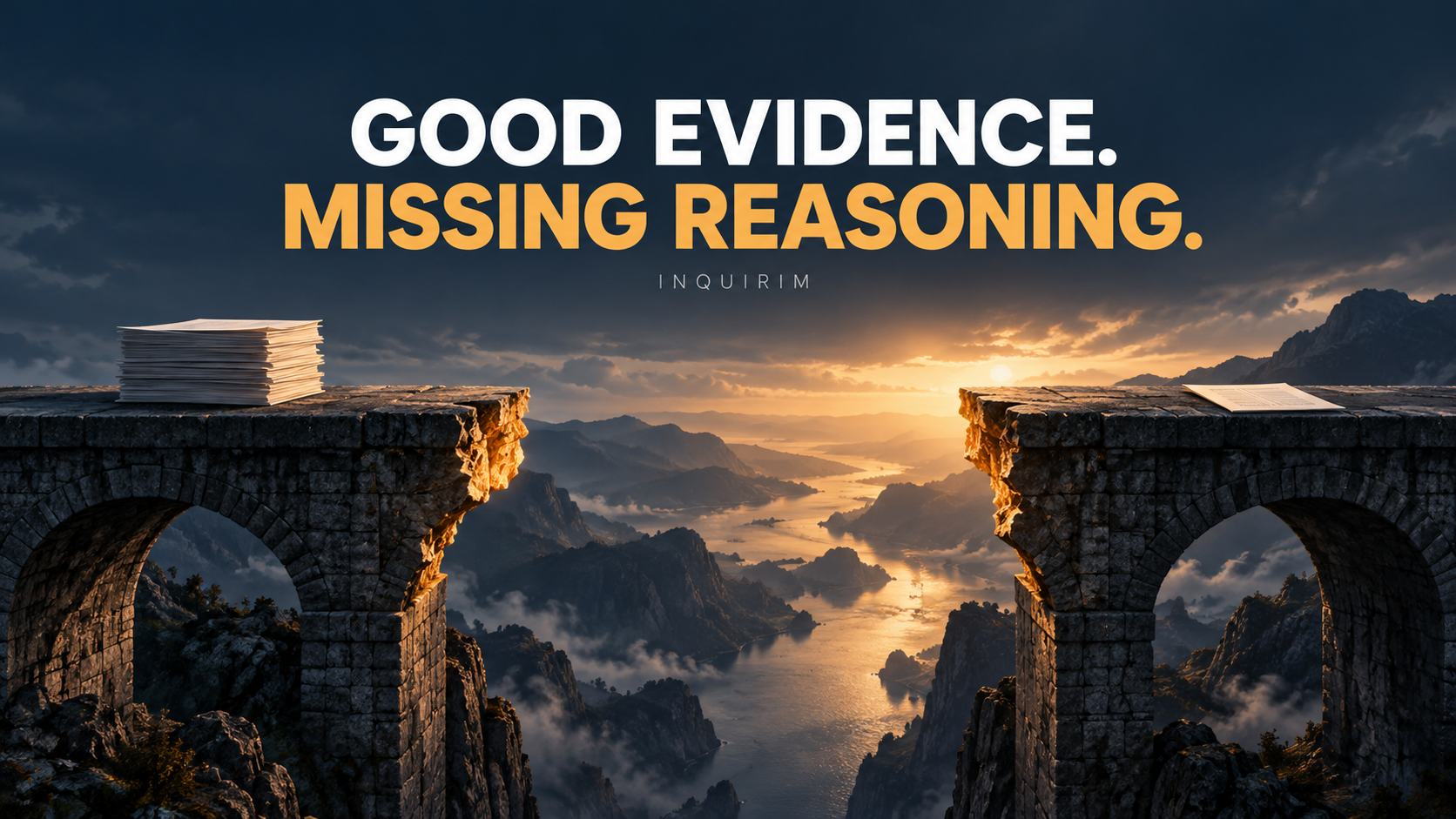 Two sections of a stone bridge are separated by a gap between documents and evidence, illustrating the missing reasoning needed to connect evidence to a defensible answer.