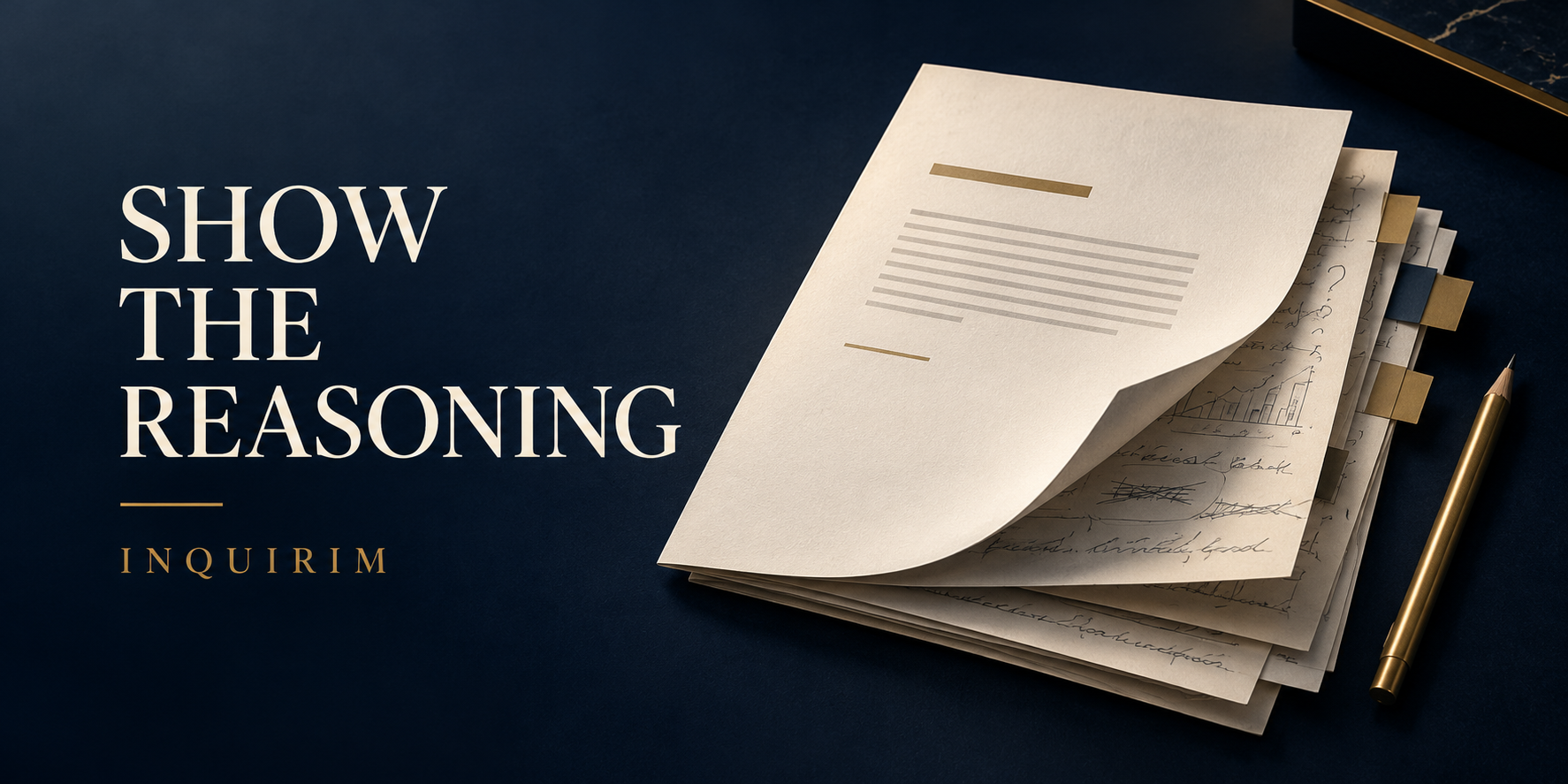 A polished report partially covers handwritten notes, questions and working analysis beneath it, illustrating the need to show the reasoning behind a final answer.