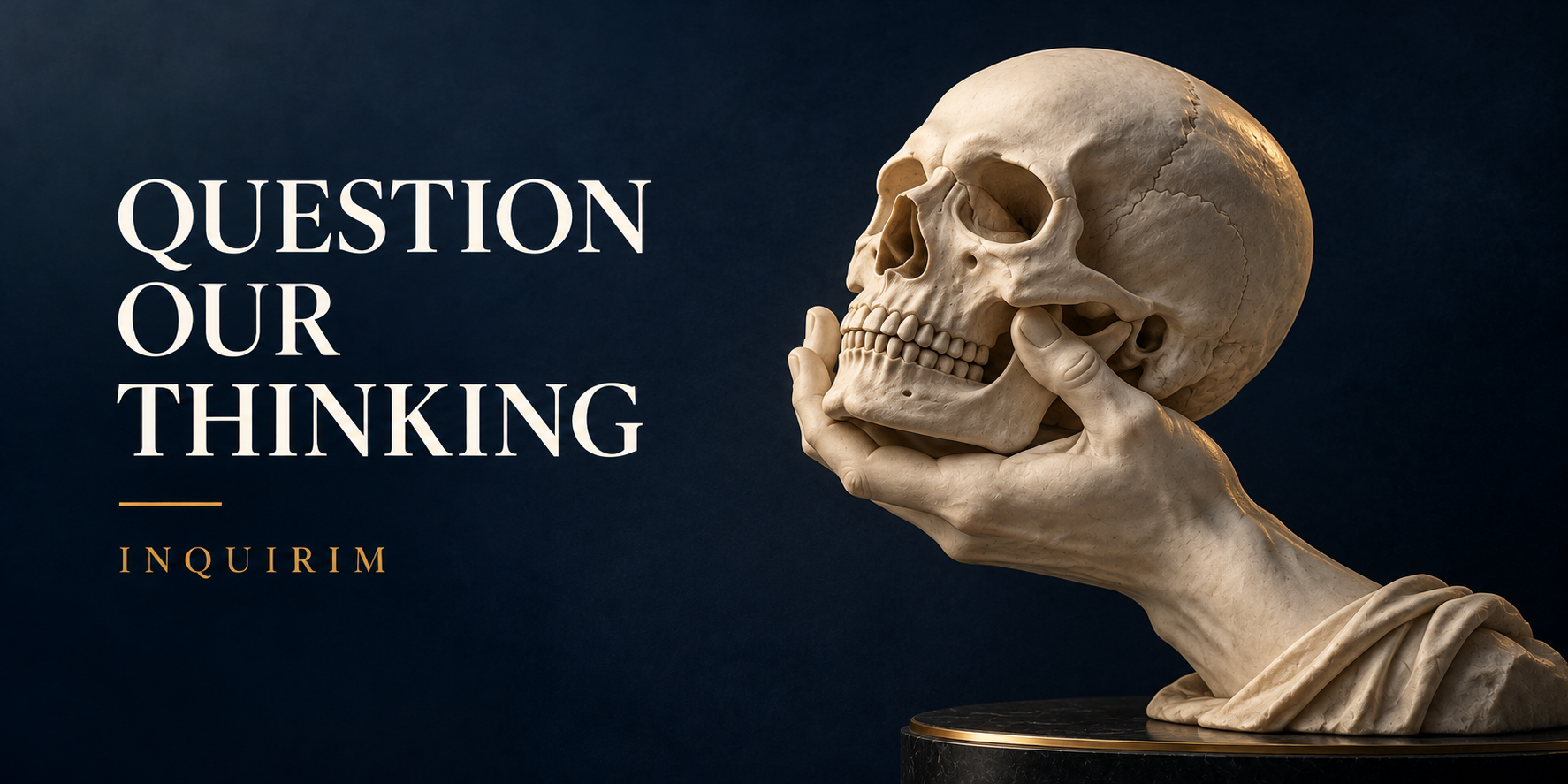 A sculpted hand holds a human skull in contemplation, representing the need to question the assumptions and limitations within our own thinking.